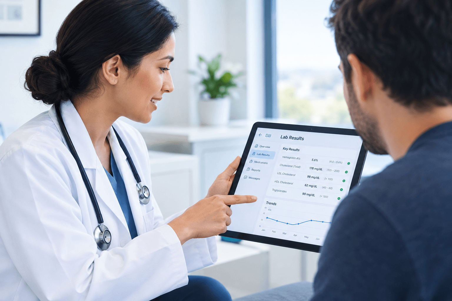 A physician reviewing lab results with a patient on Allegro